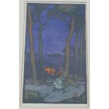 Leslie Moffat Ward RE SGA (1888 - 1978 British), Wood at moonrise, coloured linocut, printed