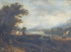 19th Century, lakeland scene with figures, sailing boats, church and cottages with mountains to