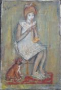 Jean Le Guennec (1924 - 1988 French), Seated girl blowing bubbles with puppy, oil on canvas,