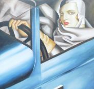 (20th/21st century), Art Deco style woman driving a car, oil on canvas, signed 'Pulkiv' lower right,