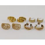 Five pairs of 9 carat gold and yellow metal earrings, a chlid's signet ring stamped '9CT', and an