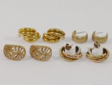 Five pairs of 9 carat gold and yellow metal earrings, a chlid's signet ring stamped '9CT', and an