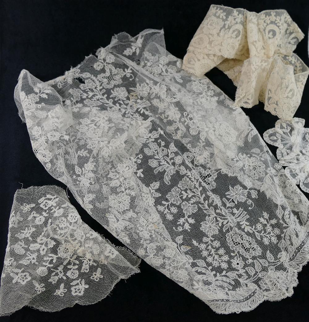 A selection of 19th century and later textiles including lace panels, a beaded head dress, a child's - Image 2 of 9
