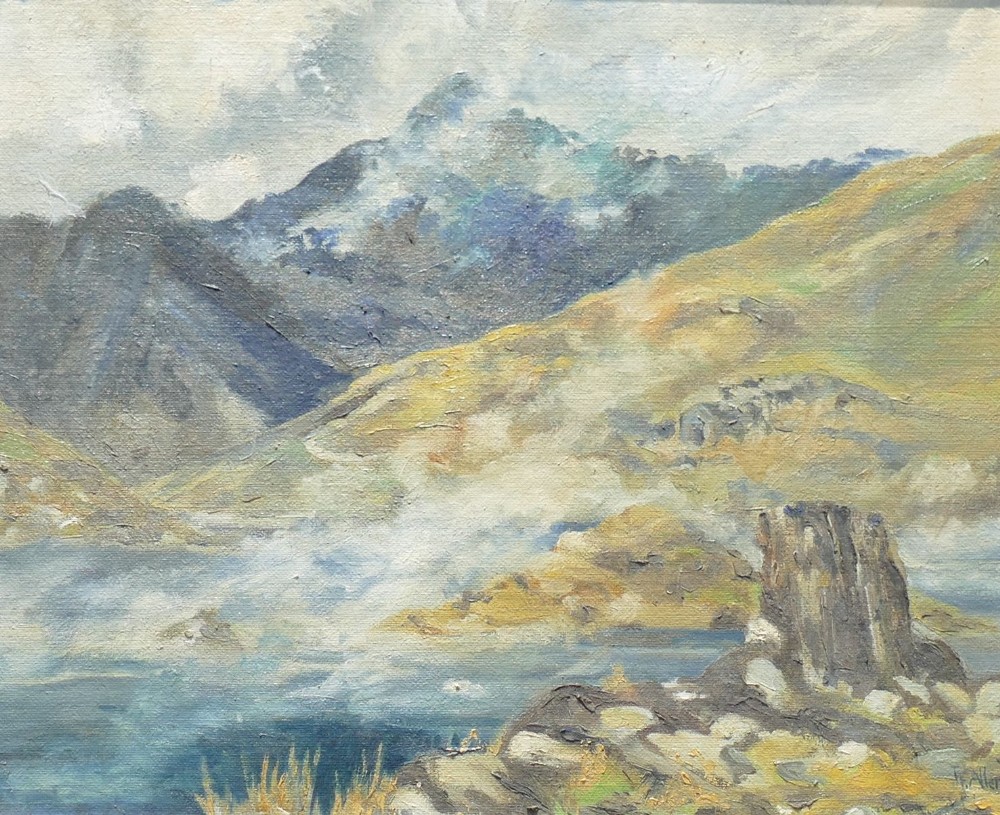 J F Allen (20th century British), 'Snowden Mist, Llyn Llydaw', oil on board, signed lower right,