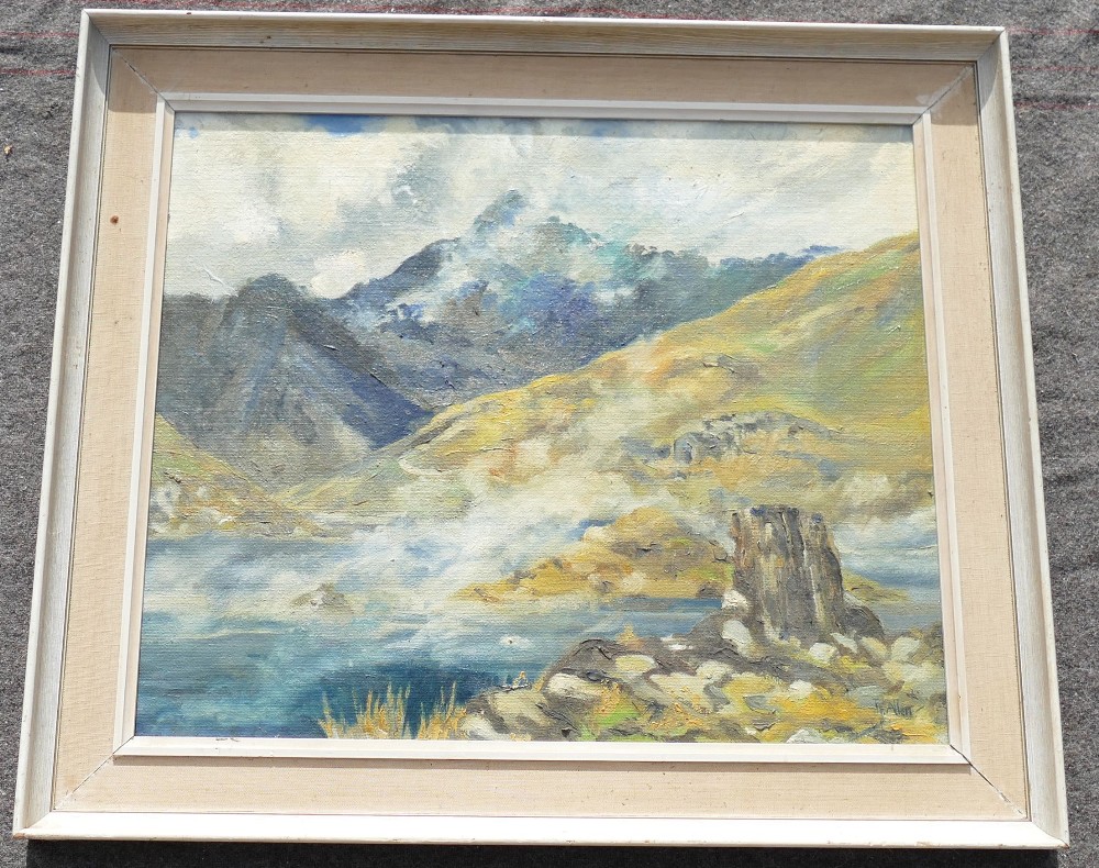 J F Allen (20th century British), 'Snowden Mist, Llyn Llydaw', oil on board, signed lower right, - Image 2 of 4