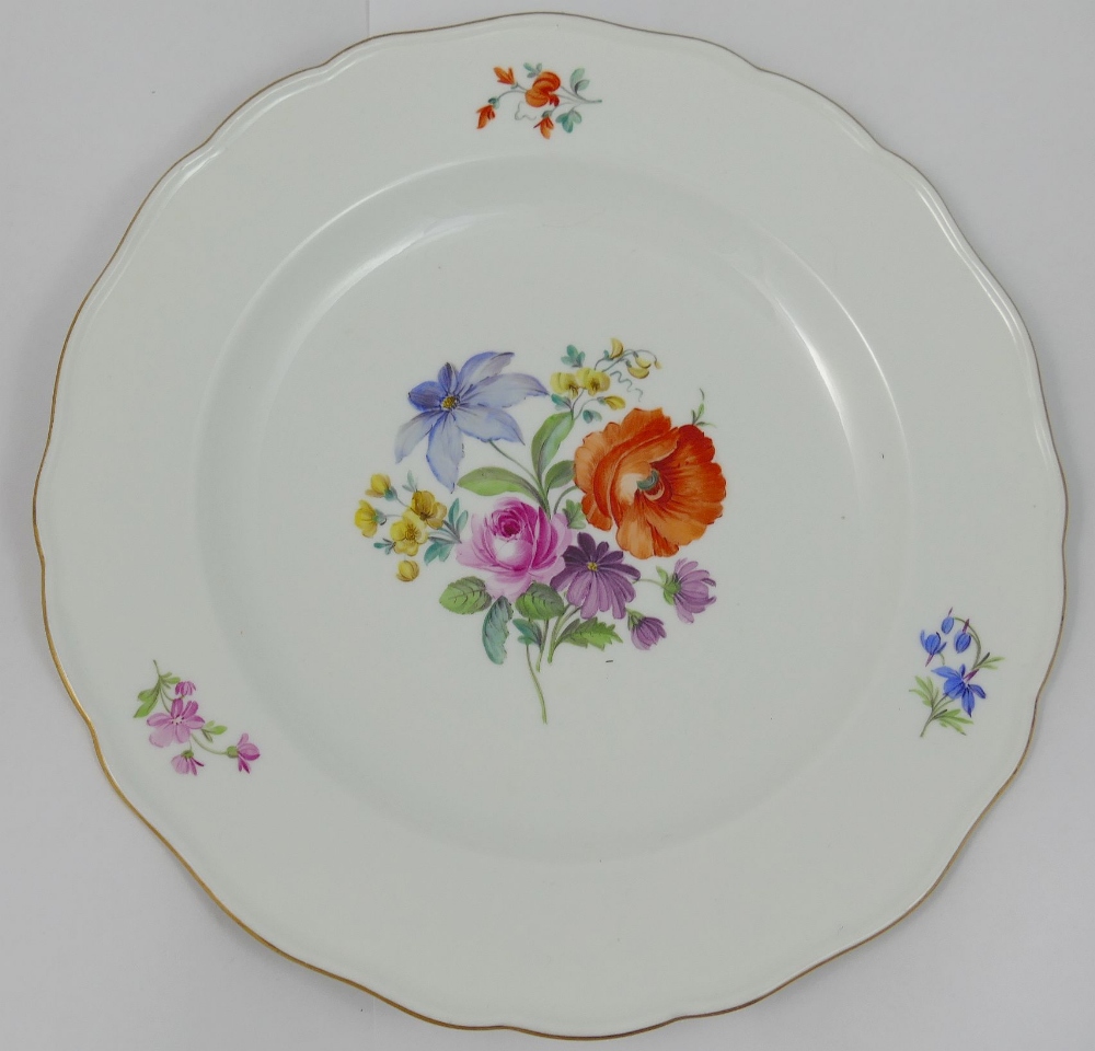 A set of four Meissen style porcelain soup plates, hand painted with floral sprays, with wavy gilt - Image 3 of 4