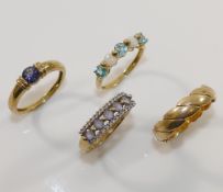 A QVC 9 carat gold tanzanite set ring, and two other 9 carat gold QVC gem-set rings, combined weight