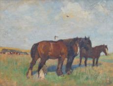 Early 20th century British, Cart horses with cattle in the distance, oil on canvas, unsigned, 40cm x