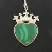 A silver and malachite pendant in the form of a heart beneath a crown, two malachite pendants, a