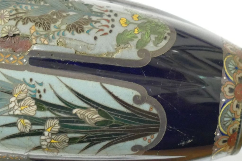 A pair of small Japanese Meiji period cloisonne vases, decorated with panels of flowers, unmarked, - Image 4 of 8