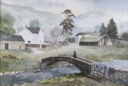 Sam Chadwick (1902-1992), Yorkshire Dales - figure on a bridge, watercolour, signed lower centre,