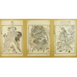 A collection of 16 Japanese monochrome and other woodblock prints, various subjects, some hand