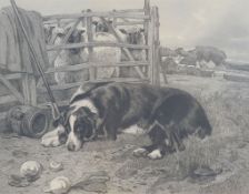 After John Sargent Noble (1848-1896), Sheep dog with sheep behind hurdle, monochrome print, signed