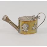 A Chinese silver pounce pot in the form of a miniature watering can, decorated with four Chinese