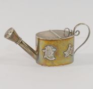 A Chinese silver pounce pot in the form of a miniature watering can, decorated with four Chinese