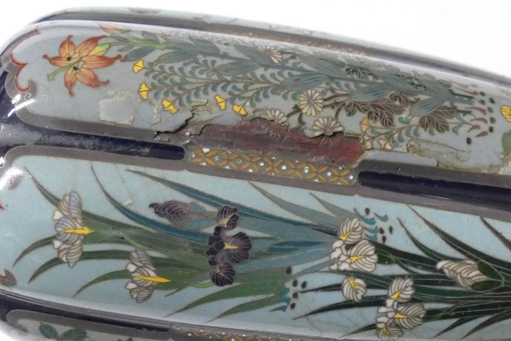 A pair of small Japanese Meiji period cloisonne vases, decorated with panels of flowers, unmarked, - Image 3 of 8