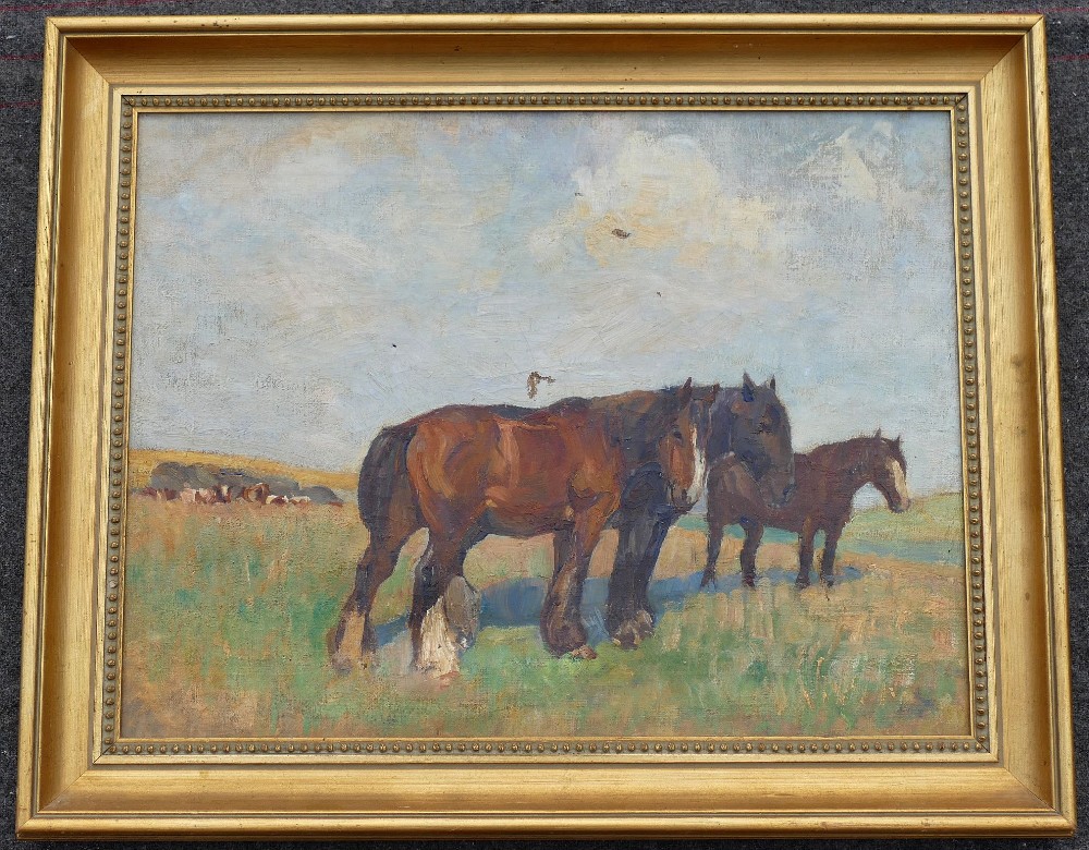 Early 20th century British, Cart horses with cattle in the distance, oil on canvas, unsigned, 40cm x - Image 2 of 2