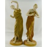 A pair of Worcester Hadley figures of classical ladies playing instruments, with printed green