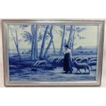 After Henri Lerolle (1848 - 1929), a large blue and white printed rectangular ceramic plaque