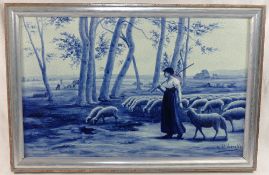 After Henri Lerolle (1848 - 1929), a large blue and white printed rectangular ceramic plaque