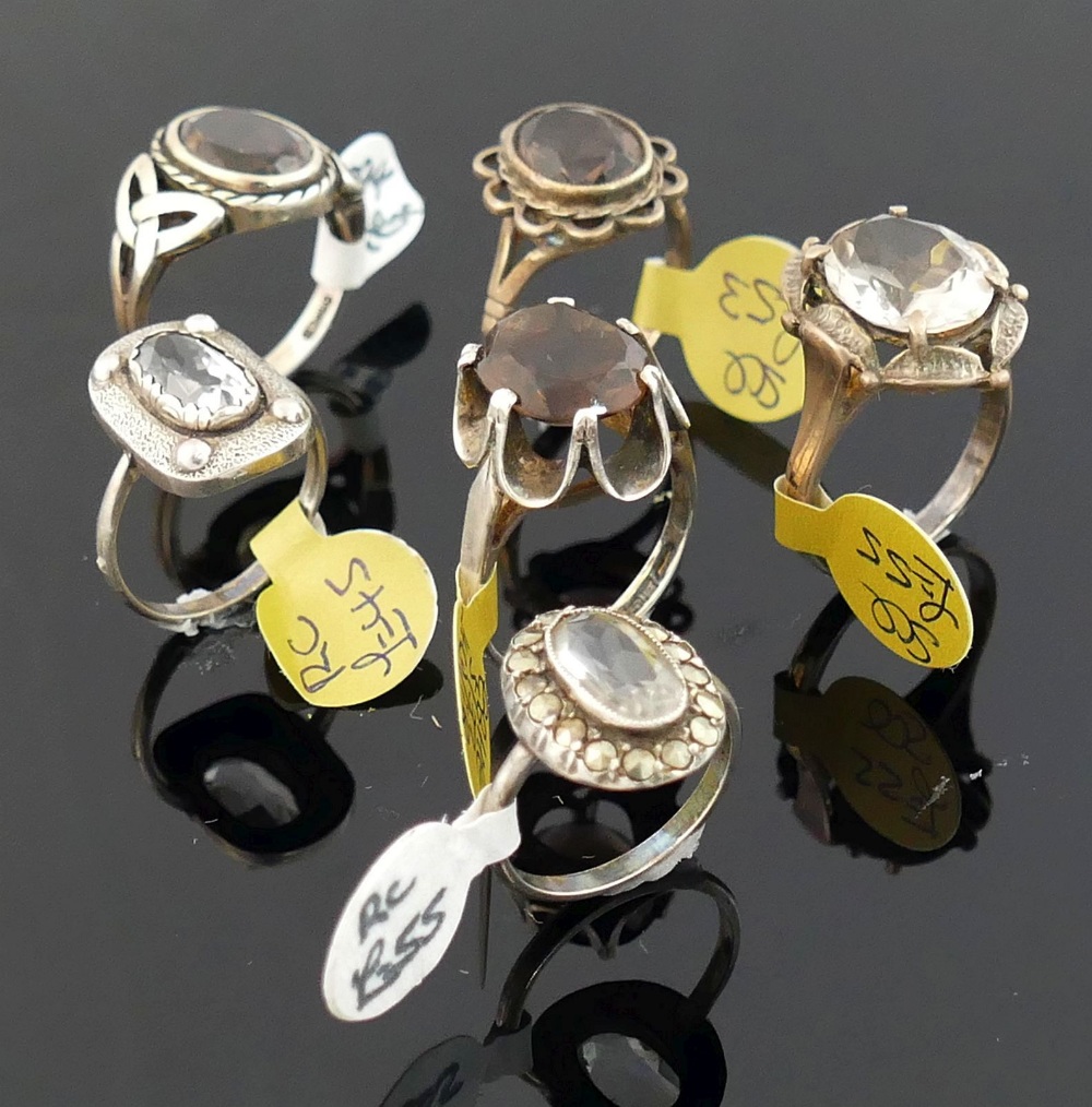 Twelve rock crystal and smokey quartz set rings, most stamped 'silver' or '925', including a - Image 2 of 2