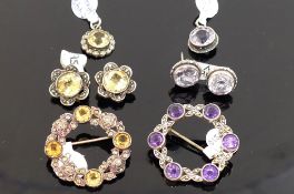 A collection of amethyst and citrine set jewellery, the amethyst jewellery comprised of a circular