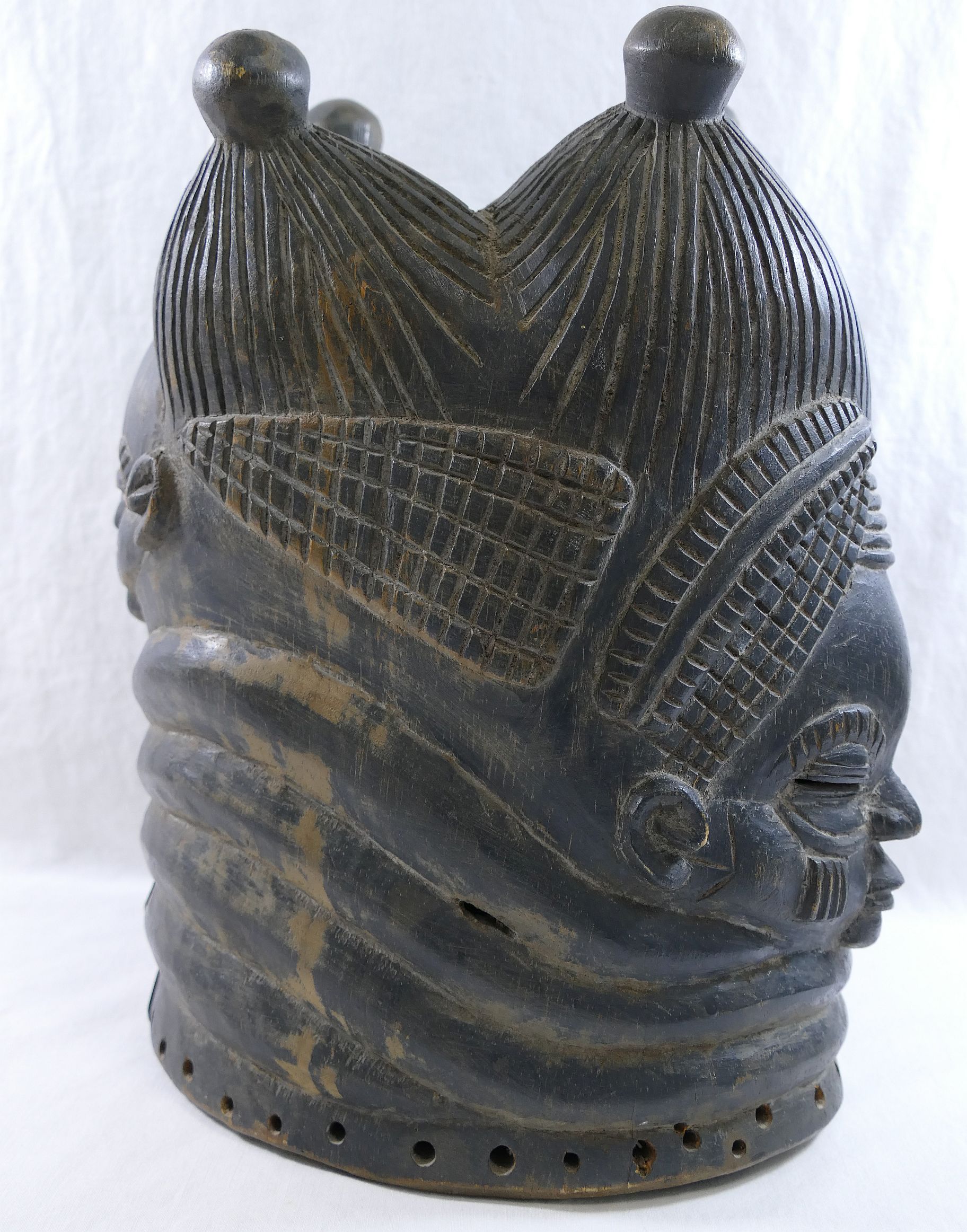 An African Mende carved helmet mask from Sierra Leone, carved with two faces (front and back), - Image 3 of 6
