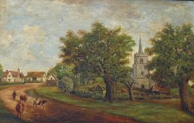 George Fiske (1846-1932), village scene with church, oil on canvas, signed lower right, 47.5cm x