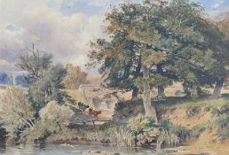 George Arthur Fripp (1813-1896), stream with cattle by bridge, watercolour, signed and dated 1850,