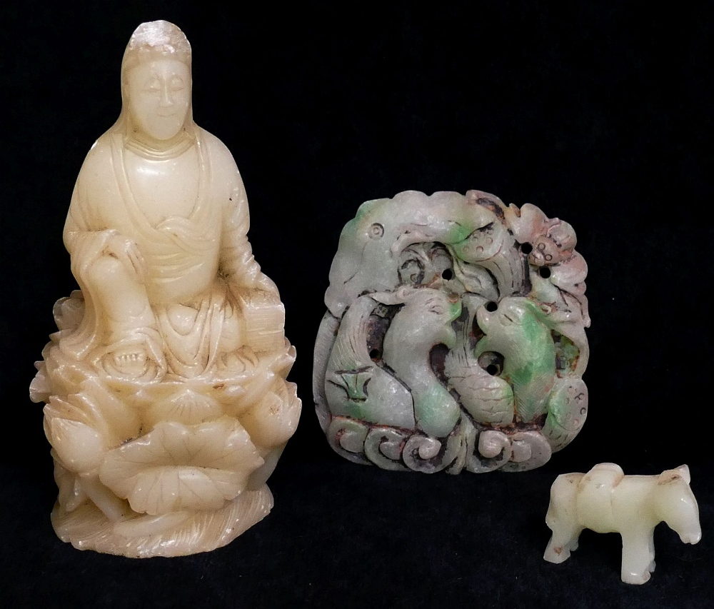 Two small Chinese pottery figures of temple dogs, a small carved figure of a deity, other carved - Image 2 of 5