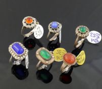 Twelve carnelian, green and blue agate set rings, including some also set with marcasite, many