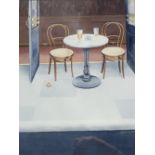 Michael W Potter (b. 1955), table and chairs outside a cafe, watercolour, signed lower right, 51cm x