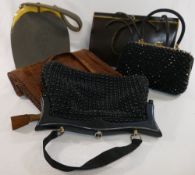 Five ladies hand and evening bags comprised of a vintage crocodile skin bag, two beaded examples,