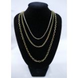 A tri-coloured chain stamped '10K', 61cm long, 2.7g, two 9 carat gold chains, 51cm and 61cm long,