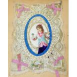 A Victorian scrap album containing decoupage, greetings cards, cut out pictures, pressed flowers and