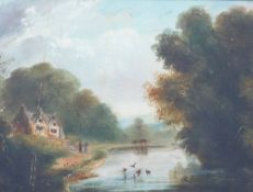 19th century British, cottage by a river, oil on board, unsigned, 28cm x 35cm, housed in ornate gilt