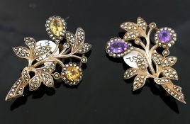 An amethyst and marcasite floral spray brooch and a selection of citrine and marcasite jewellery