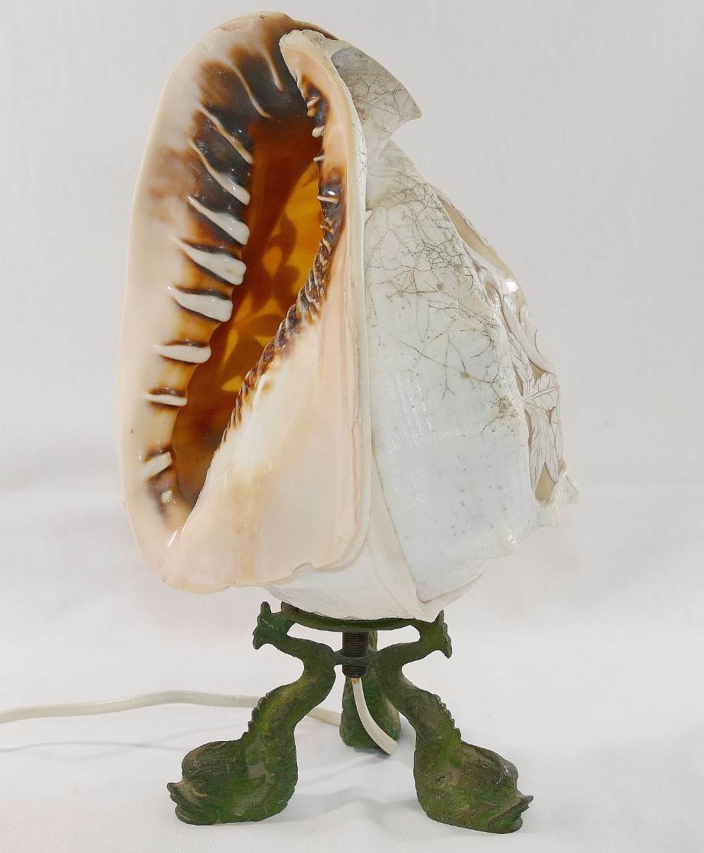 A large Queen helmet conch shell cameo carved with a classical scene of the three graces, mounted to - Image 2 of 2