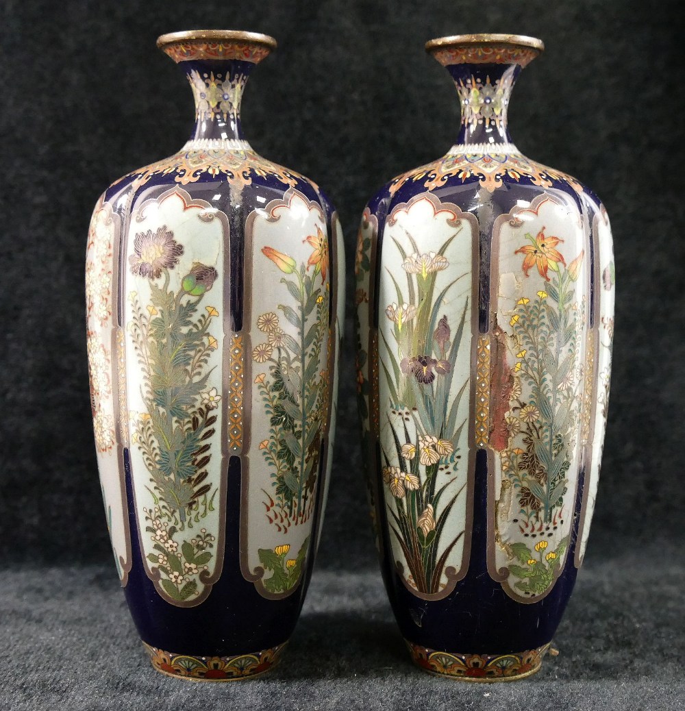 A pair of small Japanese Meiji period cloisonne vases, decorated with panels of flowers, unmarked, - Image 2 of 8