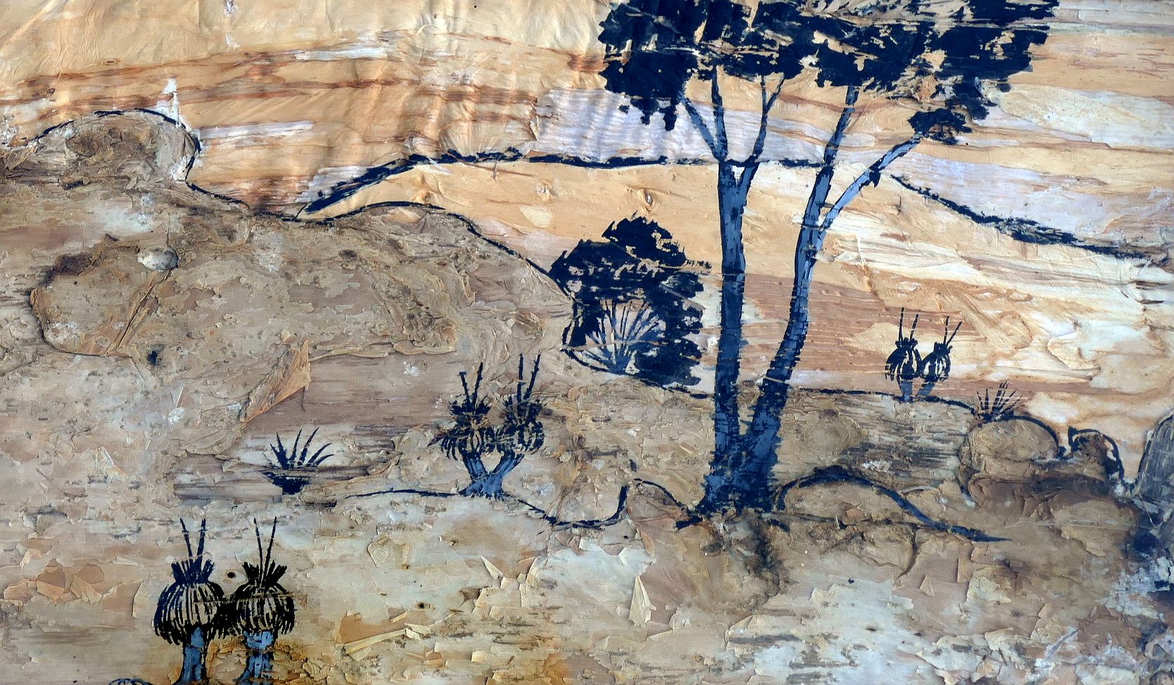 Five 1970's Aboriginal Art Fund paintings on bark, comprised of two pairs, and one other larger,