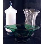 A Victorian hand blown green glass pedestal vase of elongated form, with crimp marks to rim and
