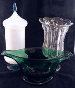 A Victorian hand blown green glass pedestal vase of elongated form, with crimp marks to rim and