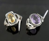 A collection of amethyst and citrine set  jewellery, the amethyst jewellery comprised of a Celtic