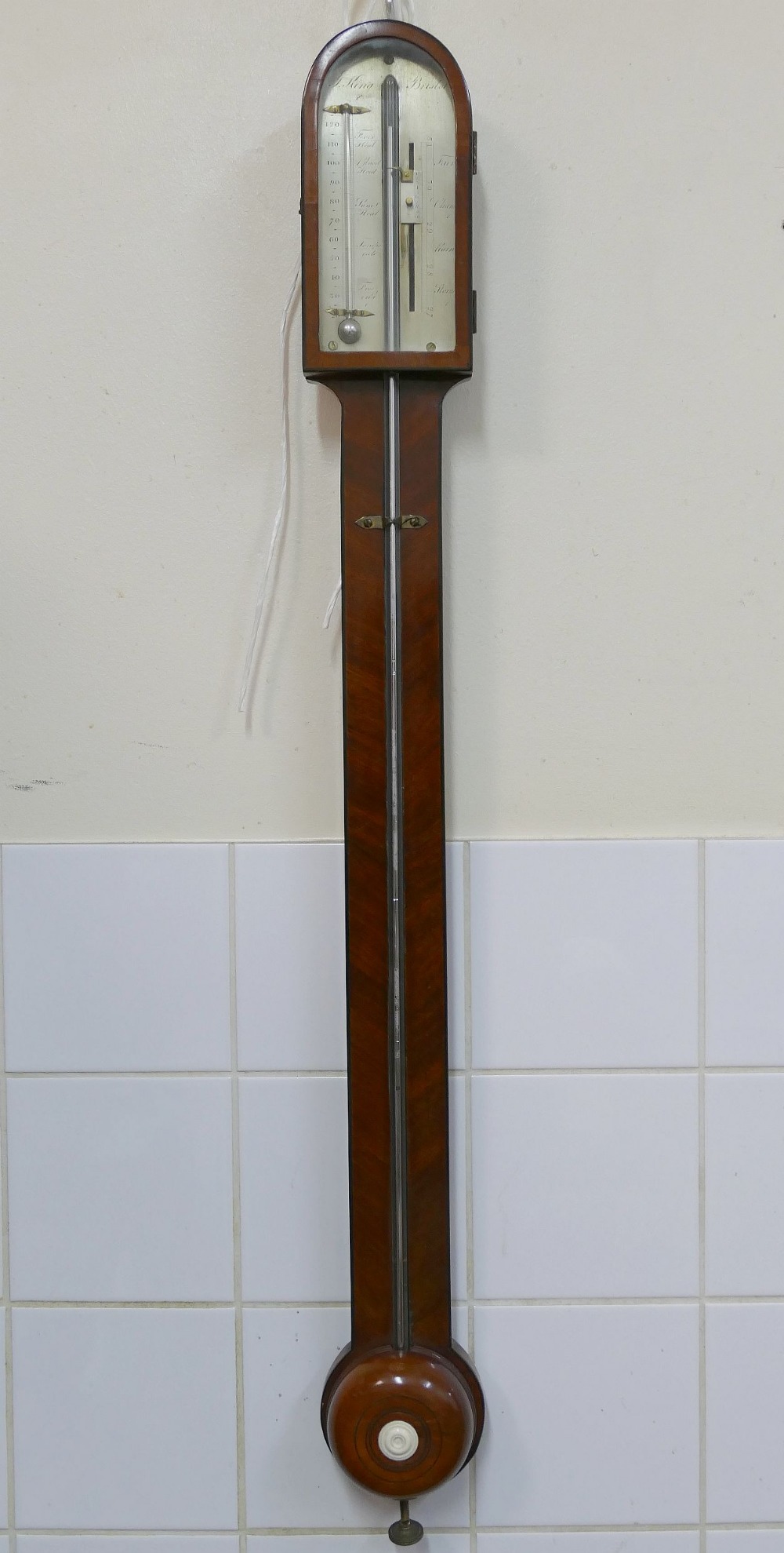 A 19th century mahogany stick barometer by J King of Bristol with silvered register plate and turned - Image 2 of 2
