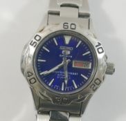 A ladies Seiko 5 Sports 4207-00A0 Automatic 100m wrist watch, the blue dial with baton numerals