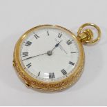 A ladies 18 carat gold cased Swiss keyless pocket watch, with white enamel dial, retailed by