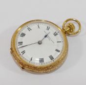 A ladies 18 carat gold cased Swiss keyless pocket watch, with white enamel dial, retailed by