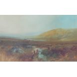 John Shapland (1865-1929), moorland with cattle grazing in the distance, watercolour, signed lower