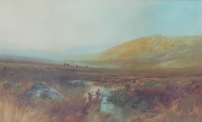 John Shapland (1865-1929), moorland with cattle grazing in the distance, watercolour, signed lower