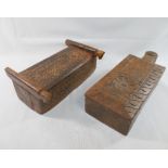 Two Indian carved wooden spice boxes, one with hinged lid, 23cm x 15cm, the other with swivel lid